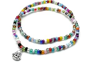 VILDA JEWELLERY Buddha Charm Anklet Set, Bright Summer Colour Mix Glass Seed Beads, 1 Plain and 1 with Silver Tone Charm : Size 10 inches, Buddhism Meditation Jewellery for Women