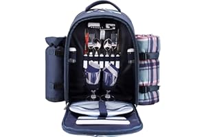 Apollo Walker Picnic Backpack Bag for 2 Person with Cooler Compartment, Detachable Bottle/Wine Holder, Fleece Blanket, Plates and Cutlery (Blue)
