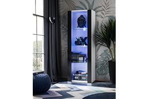 Komodee, Vetrina Tivoli, Bianco/Nero, Larghezza 55 cm x Altezza 159 cm x Profondità 35 cm, LED BLU, 3 ripiani, Per soggiorno, Camera da letto, anticamera