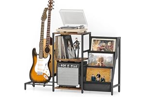 Bikoney Rangement Disques Vinyles, Support Guitare pour Guitare Acoustique, électrique, Basse avec Support d'ampli, Support pour Tourne-disques à 3 Niveaux Pouvant Contenir Jusqu'à 200 Albums