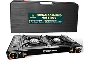 Green Haven Double Burner Camping Stove, Portable Butane Gas or LPG Cooker with Grill Plate and Outdoor Gas Cooker - Camping Cooker for BBQ Caravan