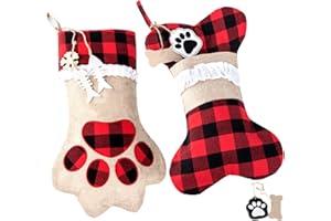 ABSOFINE Pet Christmas Stockings Dog Cat Paw 18" Puppy Stockings Hanging Christmas Decorations, Plaid Burlap Large Xmas Stockings, Set of 2