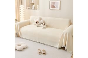 LHGOGO Narzuty ze wzorem waflowym na sofy, duża, 4-lub 3-osobowa, z frędzlami, uniwersalne, tkane, na kanapy i fotele, 180 x 340 cm, kremowe