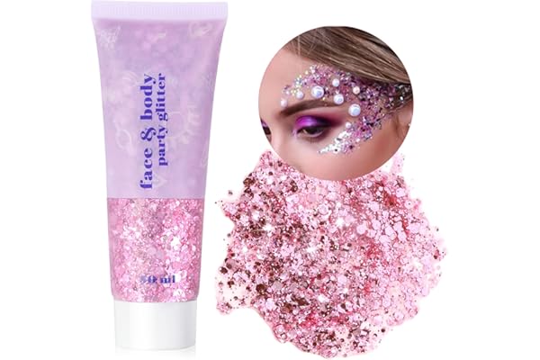 URAQT Paillettes Visage, Glitter Body Gel, Paillette Maquillage, Paillettes Corps, Paillette Gel Liquide, Mermaid Sequins Body Glitter,pour Festival Fête Noël Pâques Maquillage Décoration (Rose)