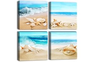 Artscope Stampe e Quadri su Tela 4 pz. Conchiglie e Sabbia Immagine Fotografia Murale Tela Wall Art Bel Regalo per Home Decor Ristorante Cucina Regalo di Anniversario Compleanno 30x30CM
