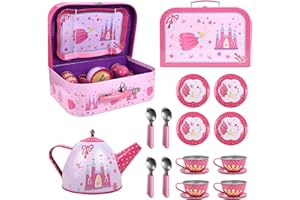 SOKA PLAY IMAGINE LEARN SOKA Fairy Tale Princess Metal Tin Teapot Set with Carry Case Toy for Kids - 18 Pcs Illustrated Colourful Design Toy Tea Party Set for Boys and Girls Pretend Role Play