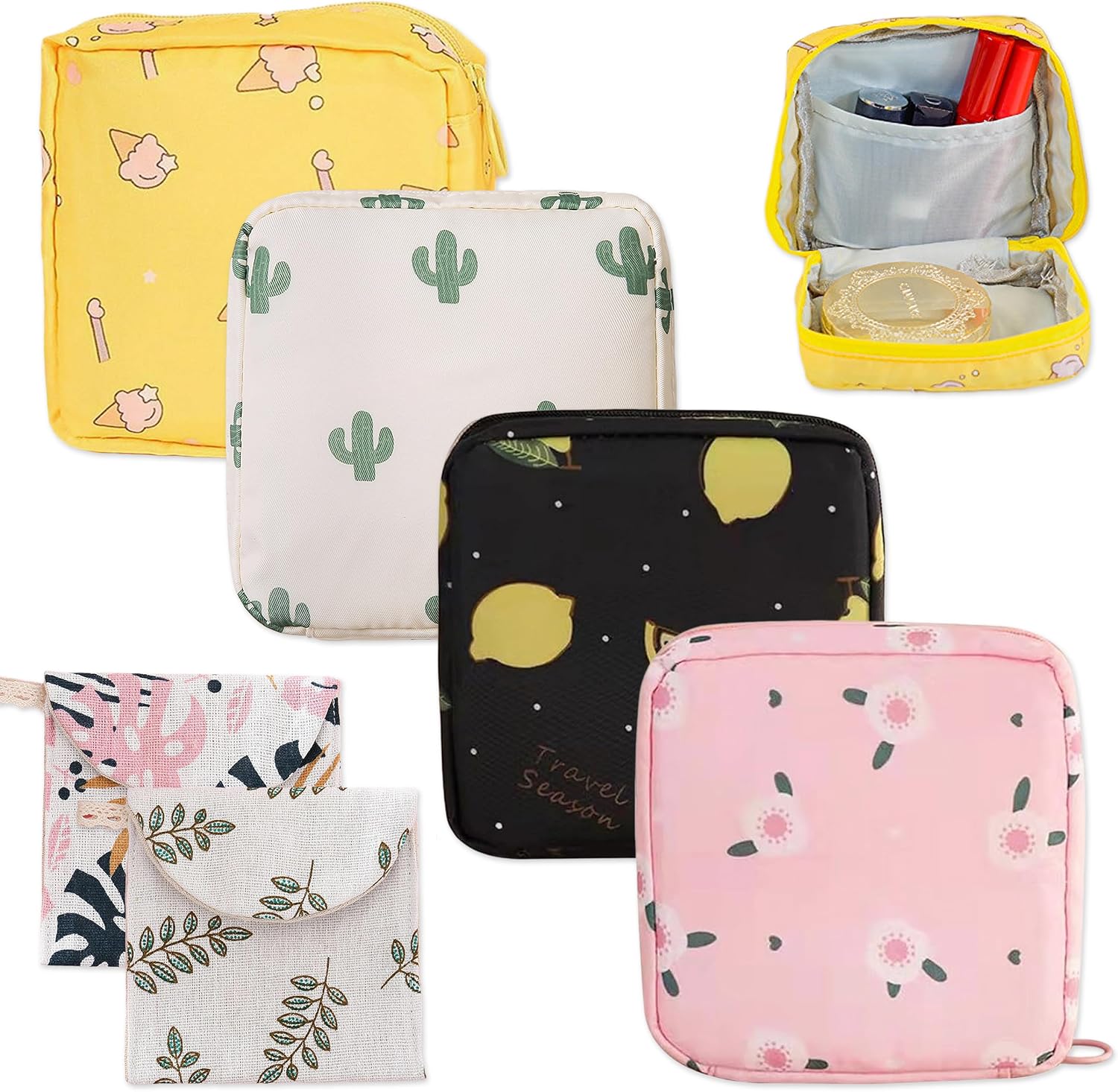 Pushiibee Bolsa para Compresas, 6 Piezas Neceser Menstrual para Mujer, 2 Estilos Estuche para Compresas y Tampones Mini Bolsita con Cremallera para Viaje y Uso Diario
