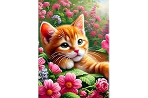 DPHERO Lovely Cat Diamond Painting Kits for Beginners Adults,5D DIY Red Flowers Diamond Art Kits,Round Full Drill Orange Cat Gem Art Crafts,DIY Kitten Painting by Numbers for Home Wall Decor 12x16inch
