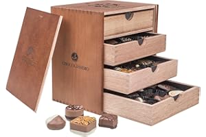 CHOCOLISSIMO - Pralines avec Alcool - 40 Pralines Raffinées dans Boîte en Bois avec Motif de Fleurs - Chocolats à Offrir - Idée Cadeau Pâques, Saint-Valentin, Fête des Mères, Anniversaire