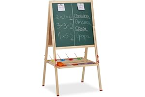Relaxdays Lavagnetta per Bambini, Regolabile in Altezza & Magnetica in Legno, 122-160 x 65x 69 cm, Legno Naturale