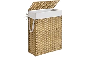 ‎SONGMICS SONGMICS Wąski kosz na pranie, syntetyczny rattanowy kosz do przechowywania z pokrywką i uchwytami, wiklinowy, składany, wyjmowane wkładki, na koce, ubrania, pralnię, gęś żółty LCB164N01