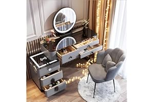 AMZSEW Dressing Table with LED Lights Mirror - Vanity Makeup Table Set with Adjustable Brightness Mirror, Cushioned Stool Home Bedroom Vanity Cosmetic Furniture Gifts for Girls Women,gray 100cm
