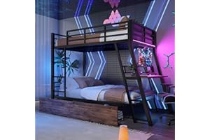 FQMOZY Etagenbett Kinderbett 90x200, Hochbett für 2 Kinder, Metallbett mit LED-Leiste&2 Schubladen&Schreibtisch, Stockbett Doppelbett Jugendbett Funktionsbett mit Rausfallschutz&Leiter, Ohne Matratze,Schwarz
