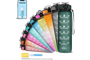 SOLARA 1000ml Wasserflasche mit motivierender Zeitmarkierung, Trinkflasche mit Strohhalm, Fitnessstudio, Büro, mobile App mit Trinkwasser-Erinnerung | BPA-frei | Jägergrün 1L / 32oz