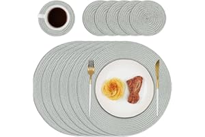 Homcomodar Round Placemats and Coasters Set of 6 Braided Woven Table Place Mats for Dining Table(Grey)