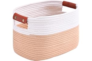 GYBOOM Woven Cotton Rope Storage Basket,Decorative Woven Basket,Decorative Baskets with Detachable Leather Handles for Closet Storage,Woven Baskets For Toy,Blanket, Book Storage (1 pack, White/Yellow)