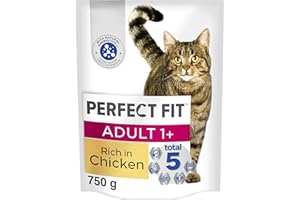 Perfect Fit Adult 1+ Complete Dry Cat Food for Adult Cats Aged 1+ Years, Rich in Chicken, 4 Bags (750 g)