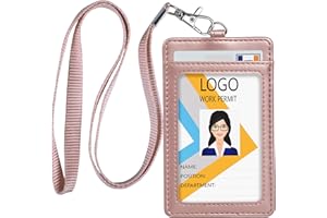 Teskyer Card Holder with Lanyard, ID Badge Holder with Clear Window and Holds 2 Cards, PU Leather Vertical Badge Holder for ID Cards, Offices, Schools, Bus Passes, Rose Gold