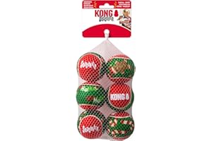 KONG Holiday SqueakAir Tennis Balls Dog Toy – 6-Pack Plush-Felt Squeaky Fetch Balls with Christmas Theme, Non-Abrasive Material Gentle on Teeth (Medium)