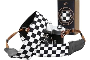 Padwa Lifestyle Black and White Plaid Camera Strap - 2" Wide Cowhide Head, Embroidered Cotton Woven Vintage Camera Straps,Universal Neck & Shoulder Strap for All Cameras and Men&Women Photographers