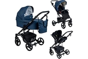EMJOT Poussette Combinée Trio 3 en 1 Neri "Smooth" – Bleu Nuit - Landau, poussette promenade, siège auto "i-Size" Groupe 0+ - Livrée avec ses accessoires.