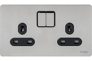 Schneider Electric Ultimate Screwless Flat Plate - Double Switched Power Socket, 13A, GU3420BSS, Stainless Steel with Black Insert, 2 Gangs