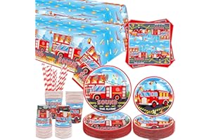 ENCETARDE Vigili del fuoco accessori per feste, camion dei pompieri per feste, piatti cena, piatti da dessert, tazze, tovaglioli, cannucce per camion, accessori per la doccia, servizio 40 (40)