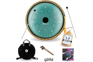 ‎SONODRUM Sonodrum Tongue Drum "Exclusive" C – Major in Green – 38 cm Large with 14 Tones – Steel Tongue Drum with Songbook, Mallets, Finger Sticks and Carry Bag – No Need to Read Music, Easy to Play