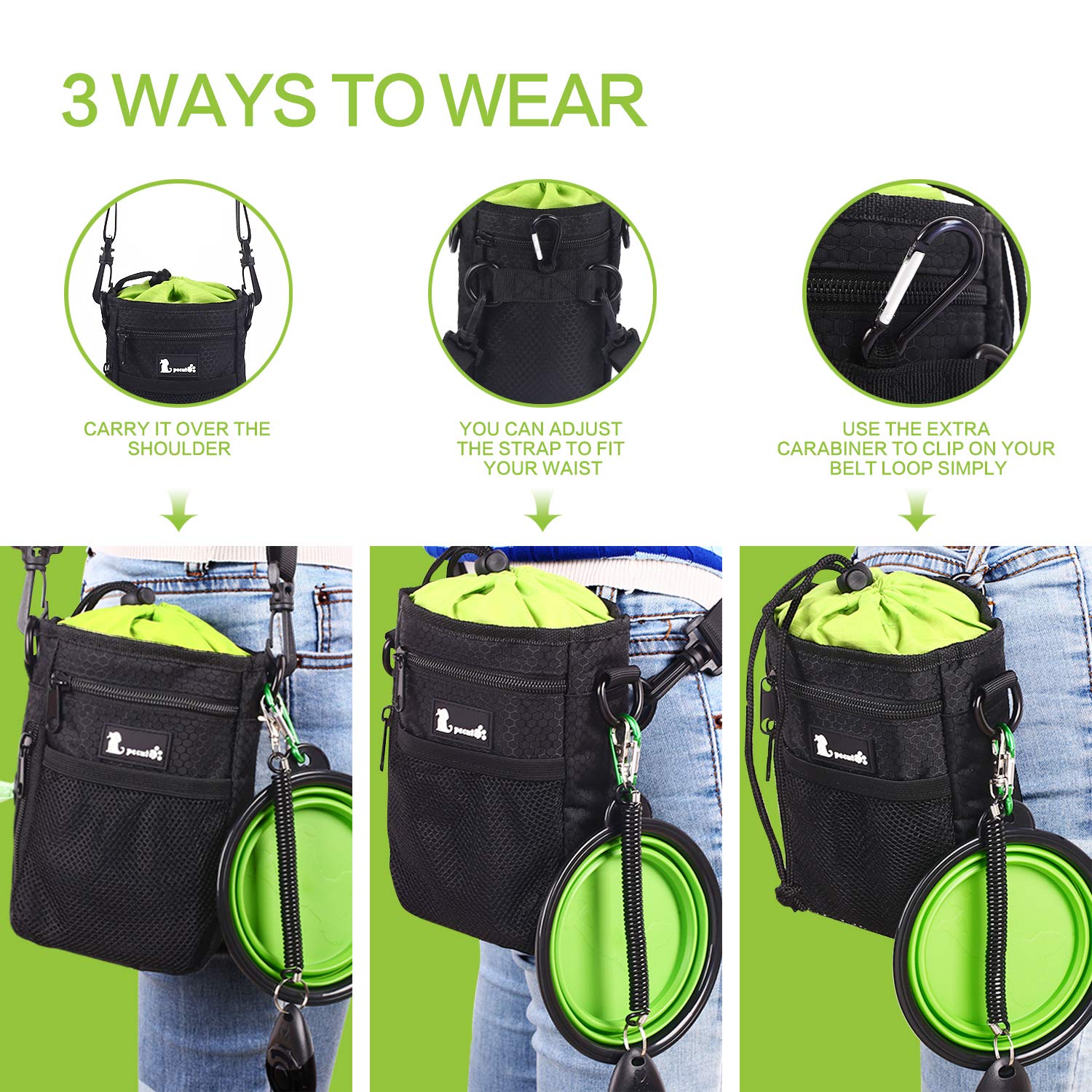 Pecute Borsa Addestramento Cani in Tessuto Impermeabile, Cintura Regolabile e Tasche per Smartphone e Ciotola Silicone… - immagine 6