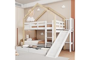 Aoskem Kinderbett Etagenbett 90x200 cm für 2 Kinder, Hochbett Hausbett mit Leiter & Rutsche, mit Stauraum 2 Schubladen, Holzbett Bettgestell mit Rausfallschutz & Lattenrost, Ohne Matratze, Weiß+ Natur