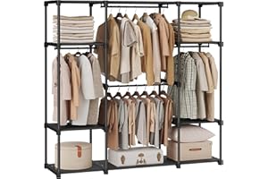 ‎SONGMICS SONGMICS Szafa otwarta, wieszak na ubrania, drążek na ubrania, szafa, 43 x 151 x 166 cm, 4 przedziały na wieszaki, dużo miejsca, do sypialni, salonu, czarny RYG036B02