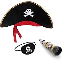 papapanda Kinder Piratenhut Augenklappe Karibik Kapitän Fernrohr Set