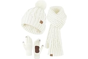 VZV Damen 3-teiliges Winter-Set: Touchscreen Handschuhe, warme Strickmützen mit Bommel und Langer Fleece-Schal - gefüttert, Winddicht, griffig - Geschenk für Frauen​