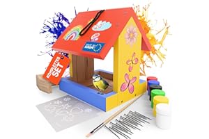 Eli® Vogelfutterhaus Bausatz für Kinder aus Kiefernholz zum bemalen inkl. 6 Farben - Pinsel - Hammer - kreative Schablonen - Vorlagen und Nägel - Nistkasten