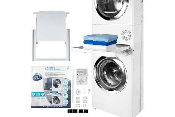 CARE+PROTECT Kit de Superposition Universel pour Lave-Linge de Profondeur 47 à 62 cm et Sèche-Linge de Taille Standard - Avec Tablette Coulissante - Optimise l'espace - Blanc - Devant Arrondi