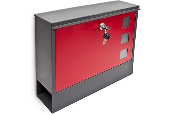 Relaxdays Boîte aux lettres murale, HLP : 30 x 36 x 10 cm, compartiment à journaux, porte-courrier, métal, noir/rouge