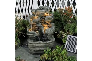 Bumilgar 62CM Solar Water Features, 6-Tier Cascading Rock Feature Garden Fountain and Waterfall with Light, Pump, Solar Panel for The Patio, Deck, Porch, Backyard Home Decor, Stone Gray