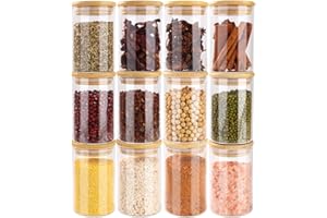 Otauoaea 12 Pot a Epices Ronds, 250ml Bocaux à Épices en Verre et Bois, Bocaux en Verre Hermetique Récipient à épices, Boite Epices Cuisine Rangement, ⌀6,5cm x 10,5cm
