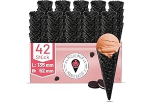 ‎MÜLHEIMER MANUFAKTUR MyNaschbar Süße Schwarze Eiswaffeln Keks Geschmack 42 Stück, 135 mm lang, Ø 52 mm, VEGAN – Essbare Eistüten perfekt für 1-2 Kugeln Eis oder Softeis – Eiswaffeln Hörnchen in Eisdielen-Qualität