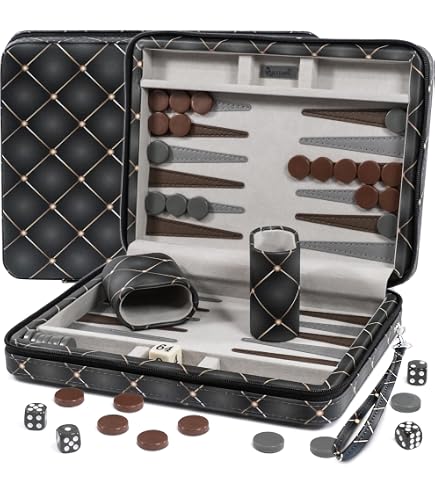Mallette Backgammon Voyage – Cuir Synthétique Bleu-gris, 29 Cm, Velours Doux, Gobelets Feutrés – Kit Complet Pour Adultes