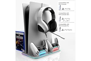 Ant Esports Dock5 RGB with Cooling Fan and Dual Controller Charger Station, PS5 Console Disc & Digital Edition, PS5 Cooling Station Accessories with RGB Light/Headset Holder/6 Game Slots/Screw (White)