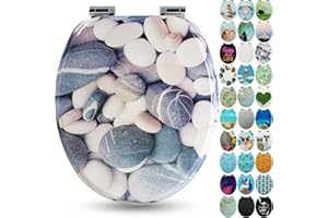 Sanfino® Premio Sedile WC ammortizzato - Copriwater Universale di alta qualità in legno, tanti motivi colorati, seduta comoda, facile da montare con istruzioni di montaggio incluse - "Stones"