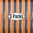 FECEDY 3 Packs 3.3ft x 6.6ft Orange Black Metallic Tinsel Foil Fringe Curtains Photo Booth Props for Halloween Party Theme Party Birthday Party Decorations