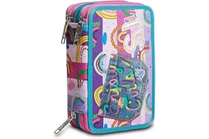 SJ GANG Astuccio Scuola SJ 3 Scomparti - Colorbow Girl Bambina - Completo di Matite, Pennarelli - Rosa