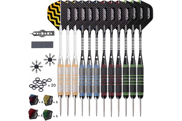 Turnart Fléchette Fléchettes Pointe Acier 12 pcs 24g Fléchettes Professionnelles 24 Ailes 12 Fléchettes avec 20 Anneaux en Caoutchouc Outil à Anneaux en Laiton Fléchettes