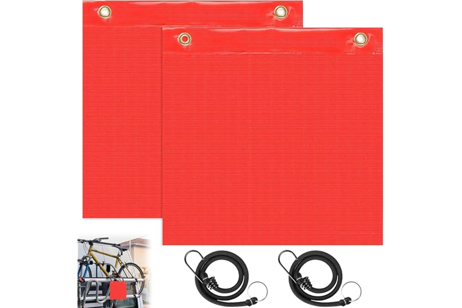 2Pcs Red Warning Flag with Rubber Bungee Cords & Copper Buckles, 30x30cm Extra Length Car Signal Flags, Oversize Load Vehicle Transport Safety Sign for Truck, Caravan, Trailer, Bicycle Carrier