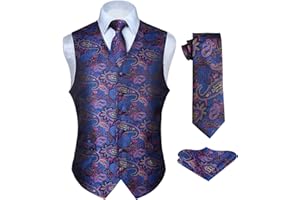 HISDERN Men's Paisley Waistcoat Floral Jacquard Necktie Pocket Square Handkerchief Wedding Party Business Fit Vest Suit Set XS-6XL