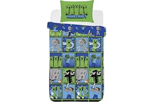 DREAMTEX Minecraft Single Duvet Cover Set – Reversible Gamers Blue & Green Bedding – 100% Polyester – Includes Duvet Cover & Pillowcase – Official Minecraft Creeper Design for Kids & Fans