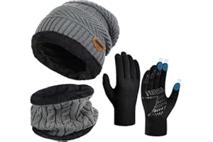 OOPOR Wintermütze Schal Handschuhe Set - Unisex Beanie Strickmütze Winterschal Thermo Handschuhe | Fleecefutter Warme Knit Hut Loop Schal Rutschfeste | Für Herren Ski 3-in-1 Winter-Set