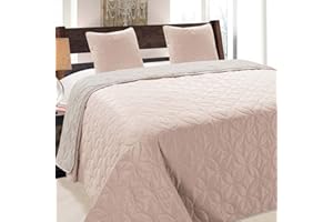 Euromat Tagesdecke Steppdecke Bettüberwurf Gesteppte Zweiseitig Tagesdecke mit 2 Kissenbezüge 40x40 cm- (Helllachs Grau Silber Beige- 06, 180x220 cm)